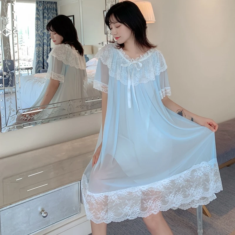 

White dress retro palace style nightdress female summer cute lace princess short sleeve modal sleepwear home service pijamas