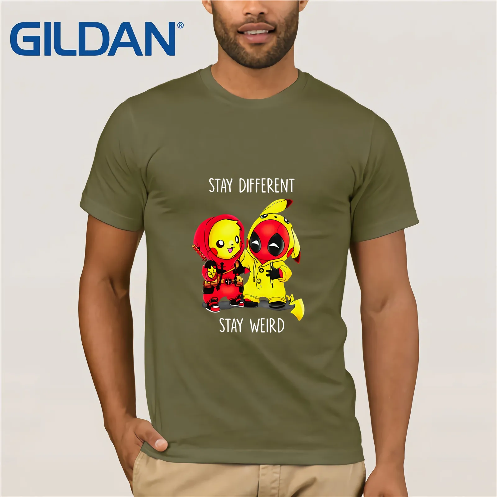 Pikachu Deadpool Stay Different Weird Shirt Summer Men's Short Sleeve T-Shirt Vintage Crew Neck Cotton Tee Present | Мужская одежда