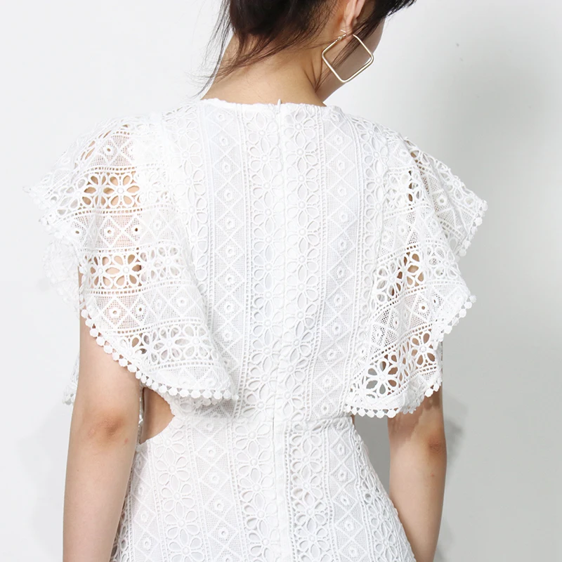 

ECRURANI Ruffle Patchwork Black Dress For Women O Neck Short Sleeve High Waist Elegant Dresses Female Fashion New Clothing Tide