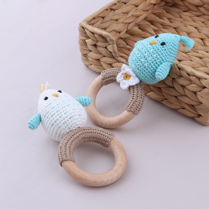 

Baby Wooden Teether Ring DIY Crochet Animal Rattle Infant Teething Nursing Toy