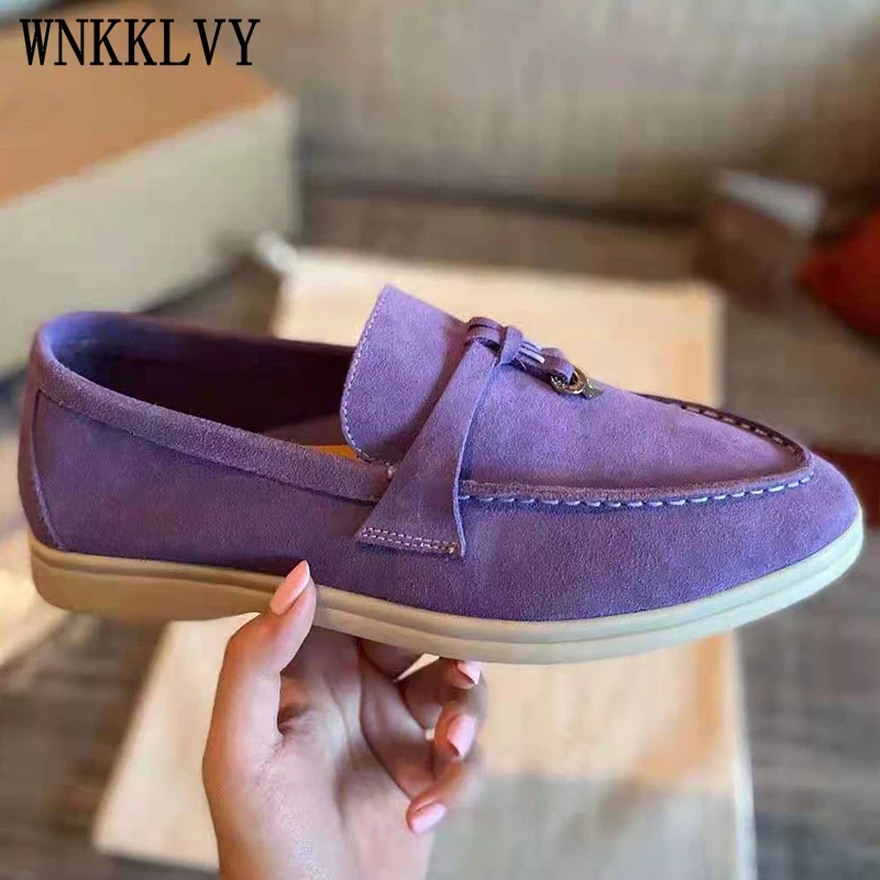 

Classic Flat Casual metal lock Walking Shoes Women single shoes round Toe real suede lazy Loafers autumn Mules Unisex 2021