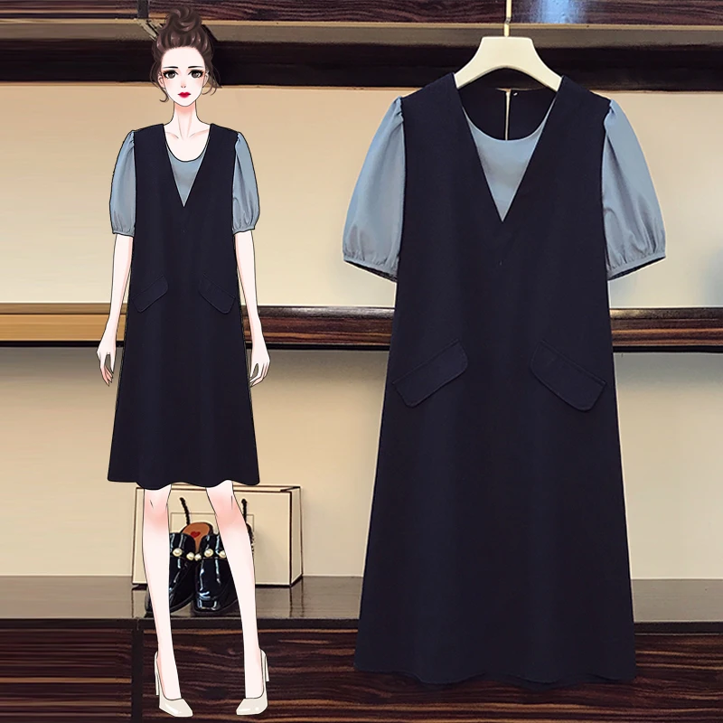 

5XL Plus Size Women Elegant A-Line Dresses Summer 2021 Fashion Puff Short Sleeve Patchwork Fake Two Piece Loose Ladies Dress