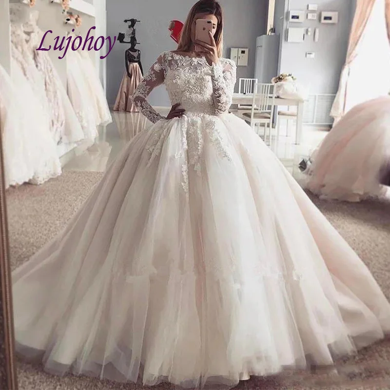

Long Sleeve Lace Wedding Dresses Ball Gown Off Shoulder Plus Size White Ivory Tulle Women Girl African Bridal Bride Gown