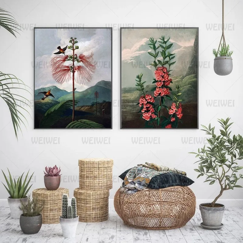 

Vintage Botanical Flowers Art Prints Victorian Flower and Bird Hummingbird Poster Garden Wall Art Canvas Painting Home Decor