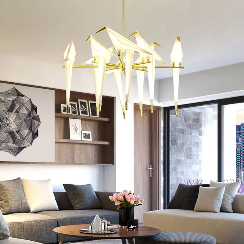 Lámpara colgante nórdica con jaula de pájaro de oro para sala de estar, lámpara colgante de pájaro de Origami para dormitorio, cocina, comedor, luces para casa de papel