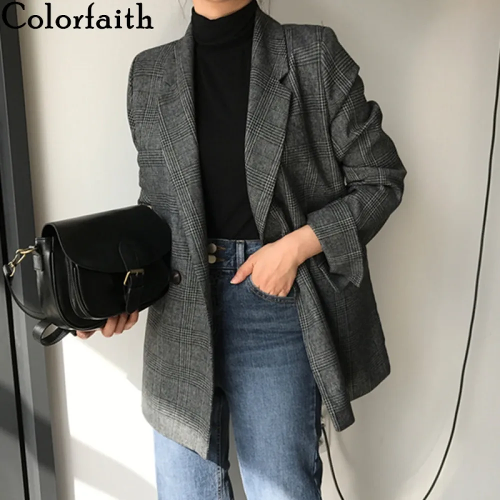 

Colorfaith New 2021 Winter Spring Women's Blazers Plaid Double Breasted Pockets Formal Jackets Checkered Outerwear Tops JK7113
