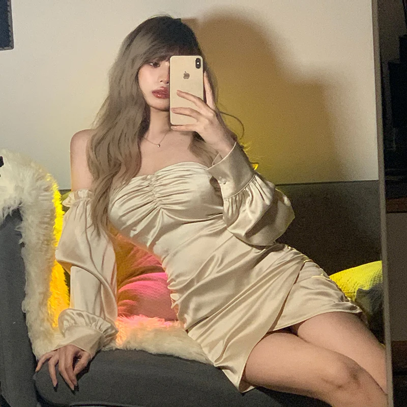 

Hot Puff Long Sleeve Off Shoulder Ruched Satin Mini Dress Bodycon Sexy Streetwear Party Club Elegant 2022 Summer Clothes New