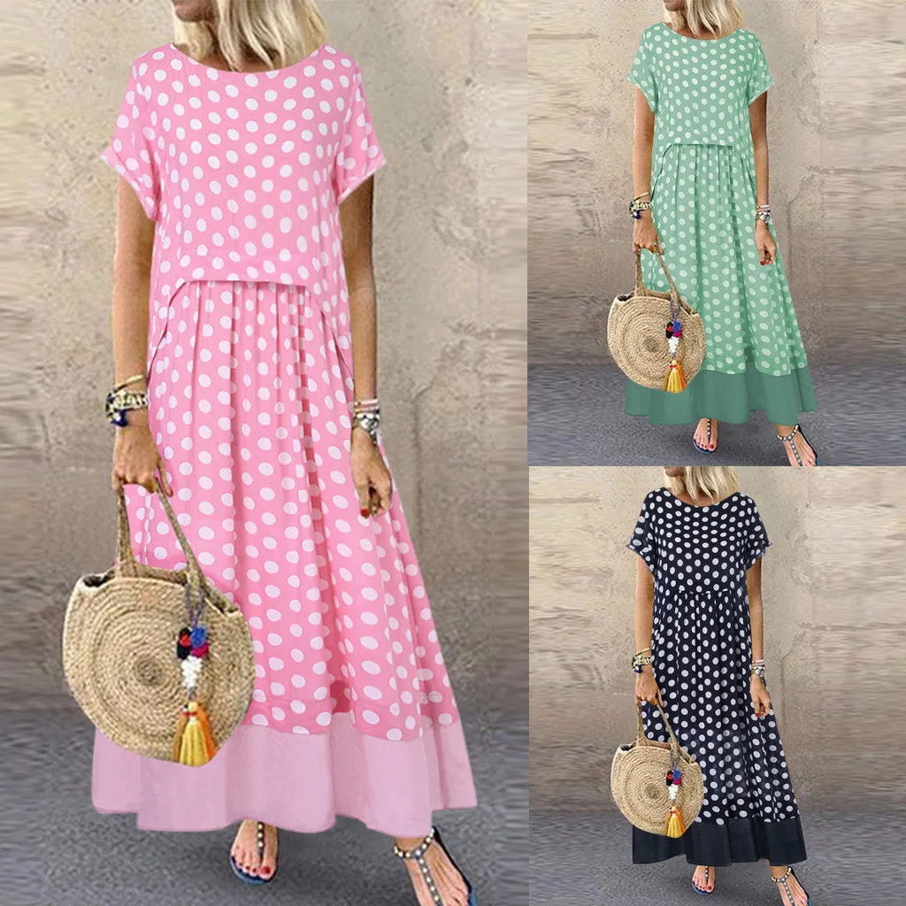 Женское длинное платье в горошек с круглым вырезом и коротким рукавом|Женские