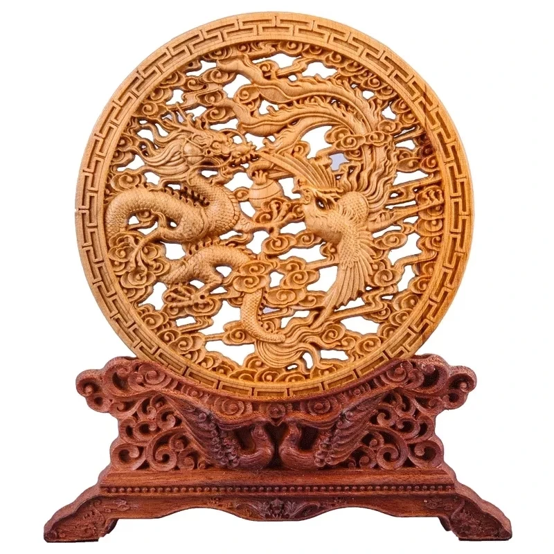 

Thuja Wood 14CM Decorative Dish Sculpture Decorative Dish Hollow Wood Wealth Carving Lucky Gift Collection Dragon Home Decor