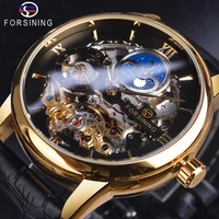 forsining skeleton watches black golden dual time zone mechanical automatic watch moon phase waterproof tourbillon sport clock