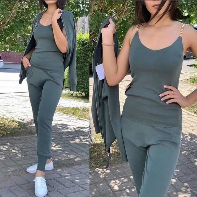 2020 autumn knitted women sest solid sexy vest long sleeve zipper cardigans elastic waist pants 3pcs sets tracksuits clothes free global shipping