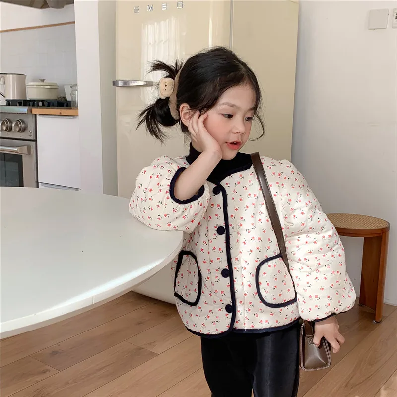 Детское зимнее пальто с хлопковой подкладкой цветочным принтом - купить по