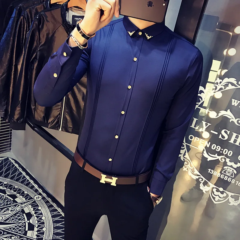 

Men Clothing 2021 Fall Men's Dress Shirt Fashion Slim Collar Decorated Solid Color Large Size Long Sleeve Shirt