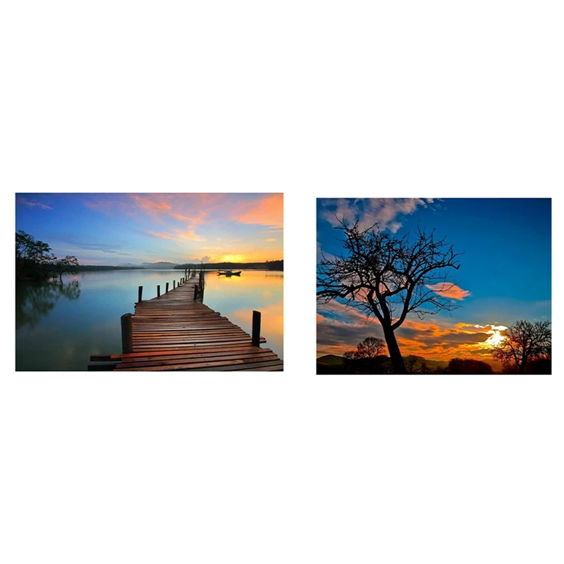 

2Set DIY Diamond Painting By Number Kit,Crystal Rhinestone Diamond Embroidery Paintings, Sunset Tree & Lake and Bridge