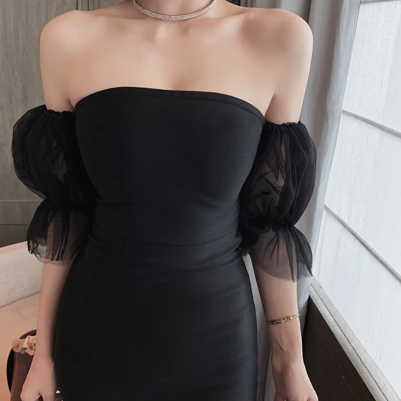 

2021 Fashion Woman Backless Evening Prom party Dresses Lady's Sexy Off Shoulder Lace Slim Puff Sleeve Dress