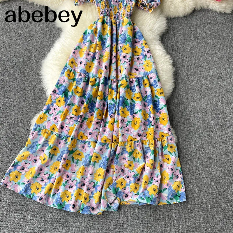 

Women Korean Floral Dress Square Collar Short Sleeve A-line Dresses Summer Bohemian Print Holiday Long Sundress