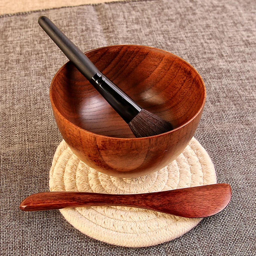 

3Pcs DIY Wooden Face Mask Bowl Set with Brush Spatula Lightweight Brown Wooden Mask Mixing Tools Face Mask Spatula