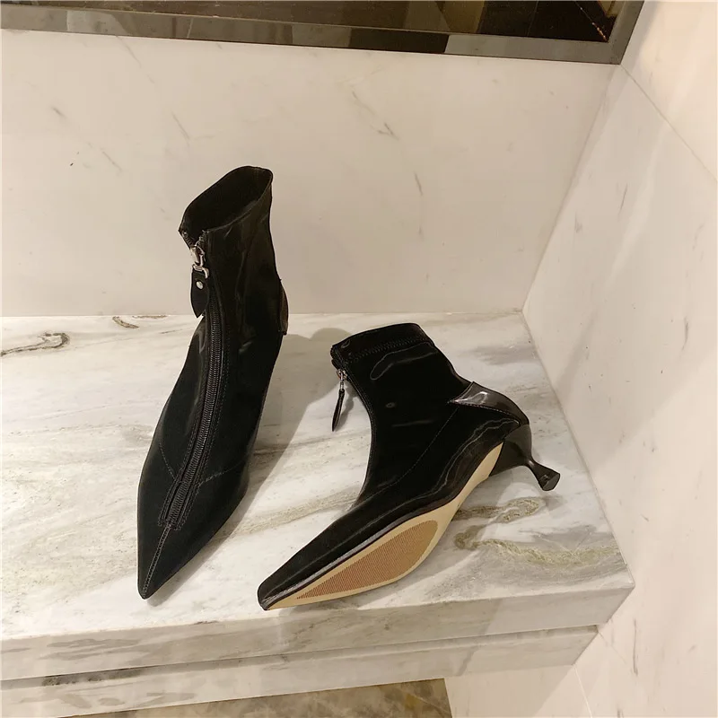 

fall women's 2021 sharp point new versatile front zipper Skinny boots fashion ins fashion slim heel red Mid Heel short