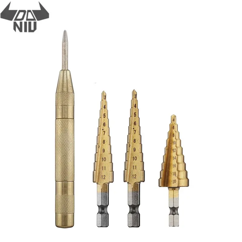 

DANIU 4Pc 3-12/4-12/4-20mm Step Drill Titanium Coated Step Drill Bit with Automatic Center Pin Punch High Speed Steel Wood Metal