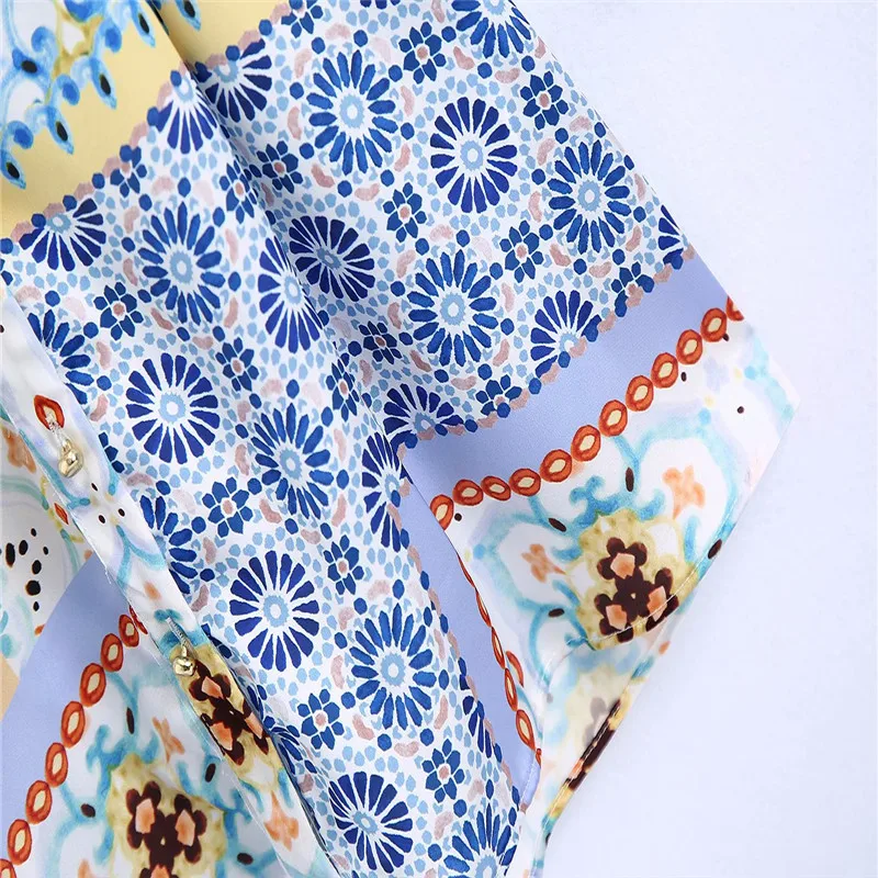 

Za Summer Patchwork Print Shirtdress Women 2021 Long Sleeve Elastic Waist Elegant Mini Dresses Woman Chic Button Up Fit Dress