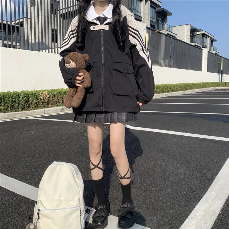 

Autumn jacket 2020 new Korean sweet college style loose bf style zipper hooded tooling long-sleeved jacket women