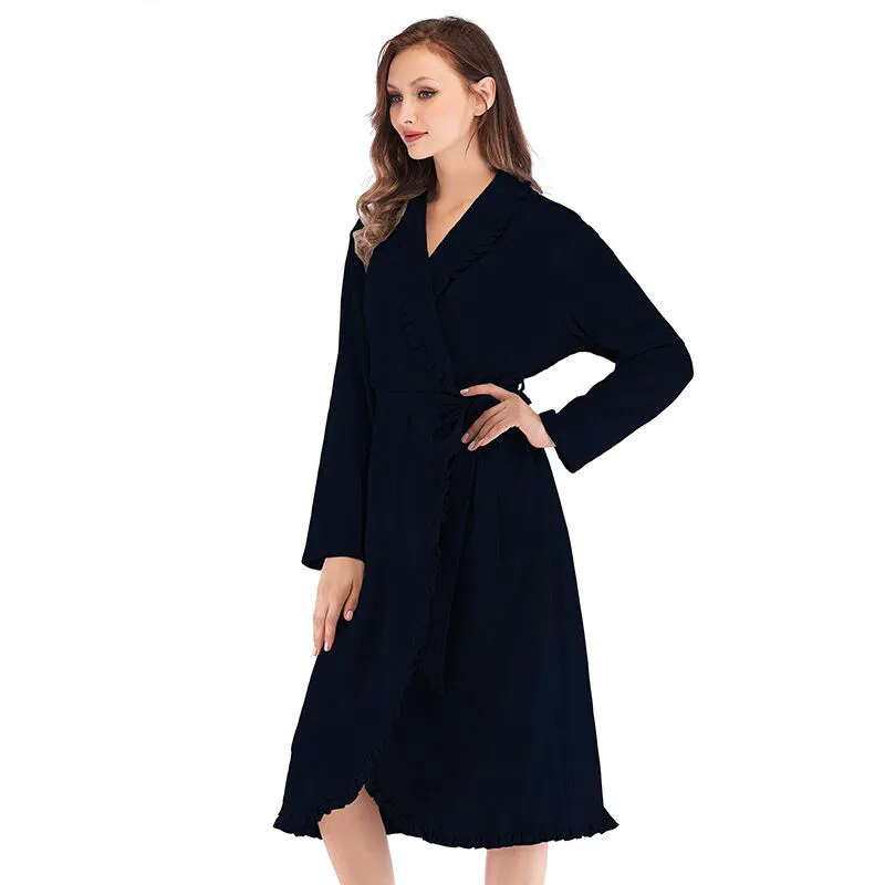 Design Women Sleepwear Elegant Kimono Robe Ladies Winter Autumn Casual Bathrobe Loose Ruffle Soild Bathroom Spa Robes For Women - Цвет: Navy Blue