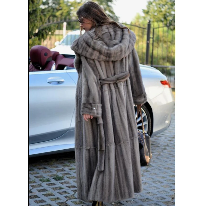 130cm Long Winter New Real Mink Fur Coat With Hood Natural Women Whole skin Genuine Mink Fur Coat With Fur Belt Luxury Overcoats
