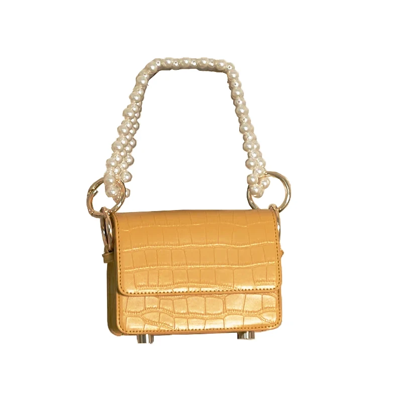 

New 2020 Personalized Pearl Shoulder Strap Portable Crocodile Pattern Shoulder-bag Crossbody Small Square Bag Summer A078