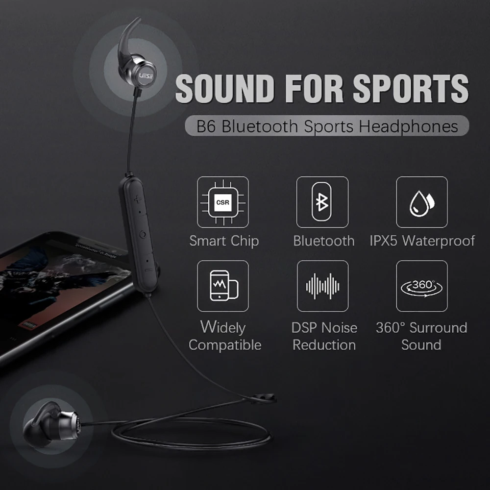 Uiisii B6 беспроводные bluetooth наушники спортивные BT5.0 IPX4 водонепроницаемые наушники-вкладыши iOS и Android Игровые музыкальные наушники
