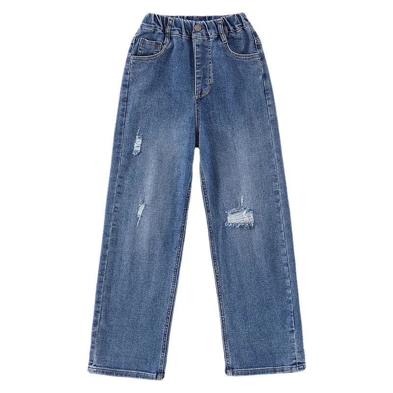 

New Korean Ripped Wide-leg Girls Jeans Solid Elastic Waist Straight Kids Trousers 3-15 Years Old Spring and Autumn Kids Clothes