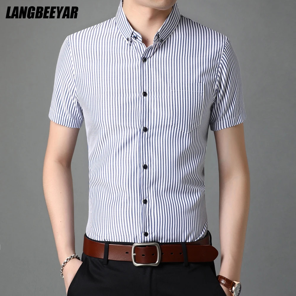 

2021 Top Grade New Summer Brand Plain Striped Mens Button Down Designer Slim Fit Short Sleeve Shirt Casual Fashion Men Clothing