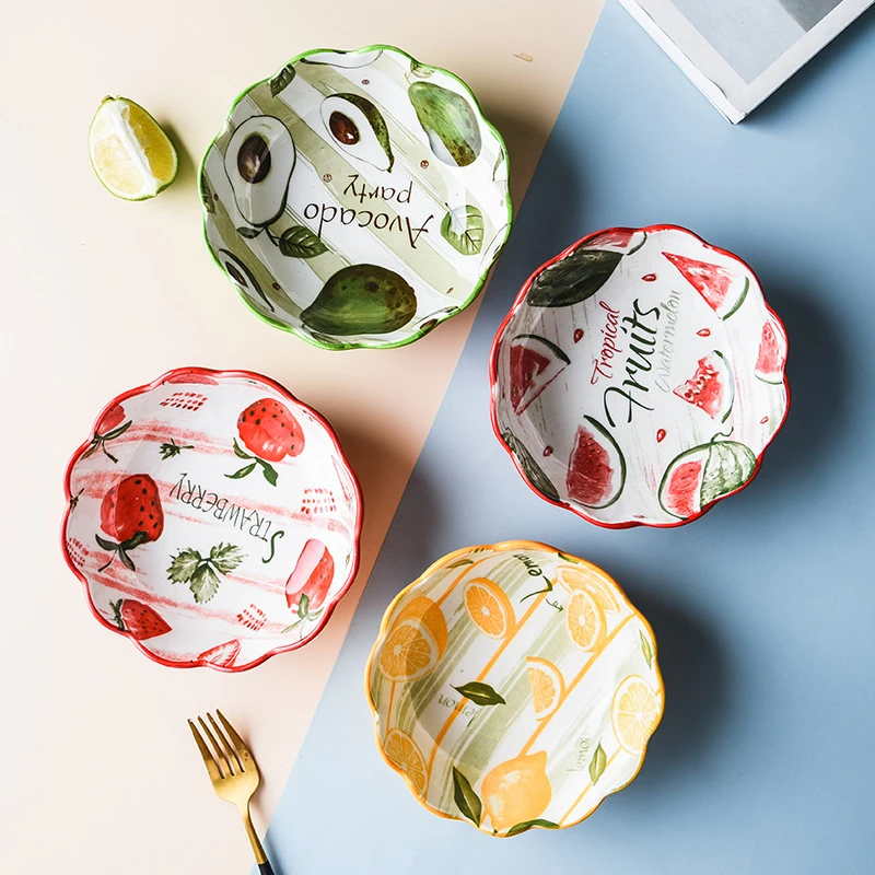 

Creative Strawberry Tableware Bowl Salad Bowl Ceramic Household Bowl Cute Style Lace Fruit Bowl Dessert Bowl