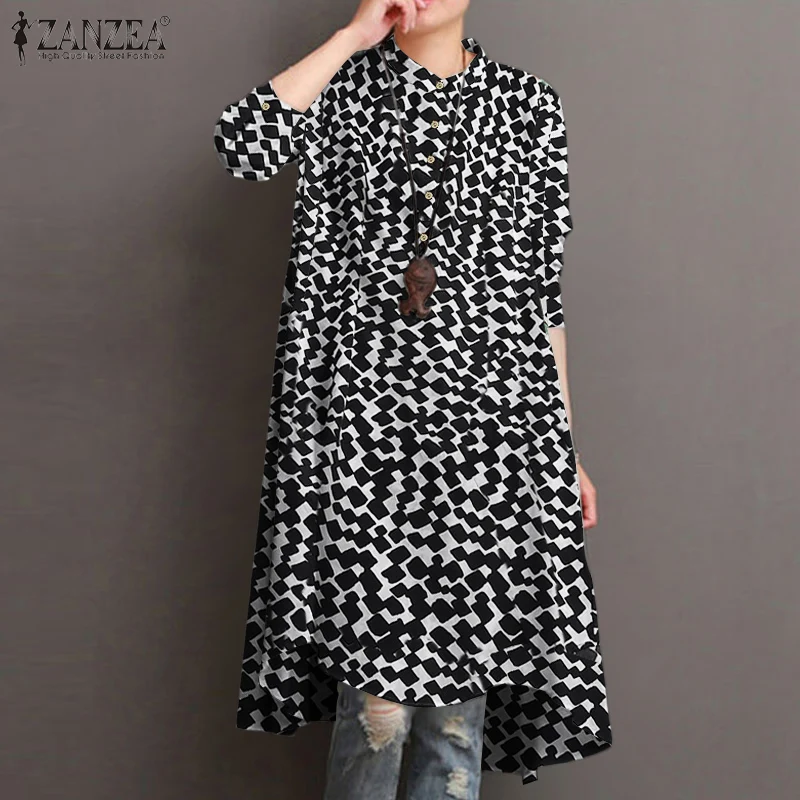 

2022 Oversized Checked Printed Blouse Women Vintage Full Sleeve O Neck Grid Long Shirt ZANZEA Casual Loose Irregular Hem Chemise