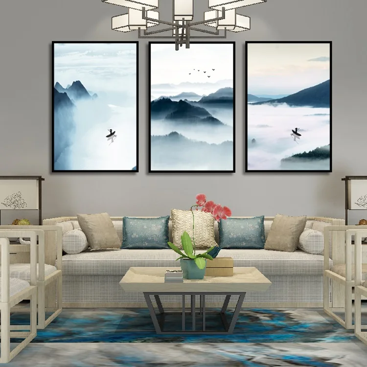 Великолепный пейзаж постер с изображением маленькой лодки на озере Картина