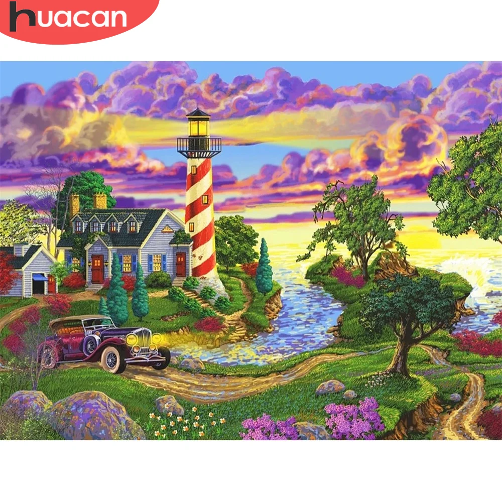 

HUACAN Painting By Numbers Lighthouse Landscape DIY Room Wall Art Pictures By Number House For Adults Home Decoration