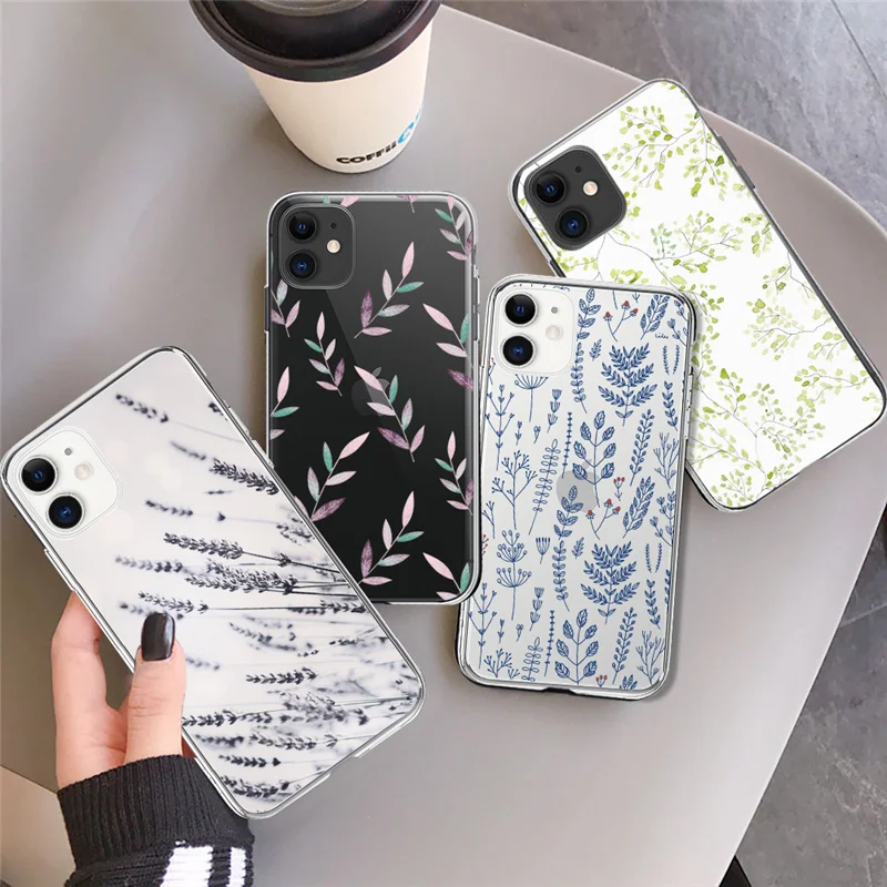 

For iPhone 12 Case Simple Blueberry Green Leaf Phone Case Transparent For iPhone 13 11 Pro Max XR XS X 7 8 Plus Soft TPU Cover