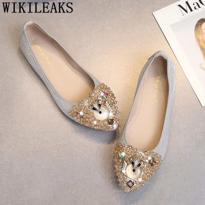 Блестящие туфли Весенняя обувь Женские Стразы размера плюс слипоны Модные