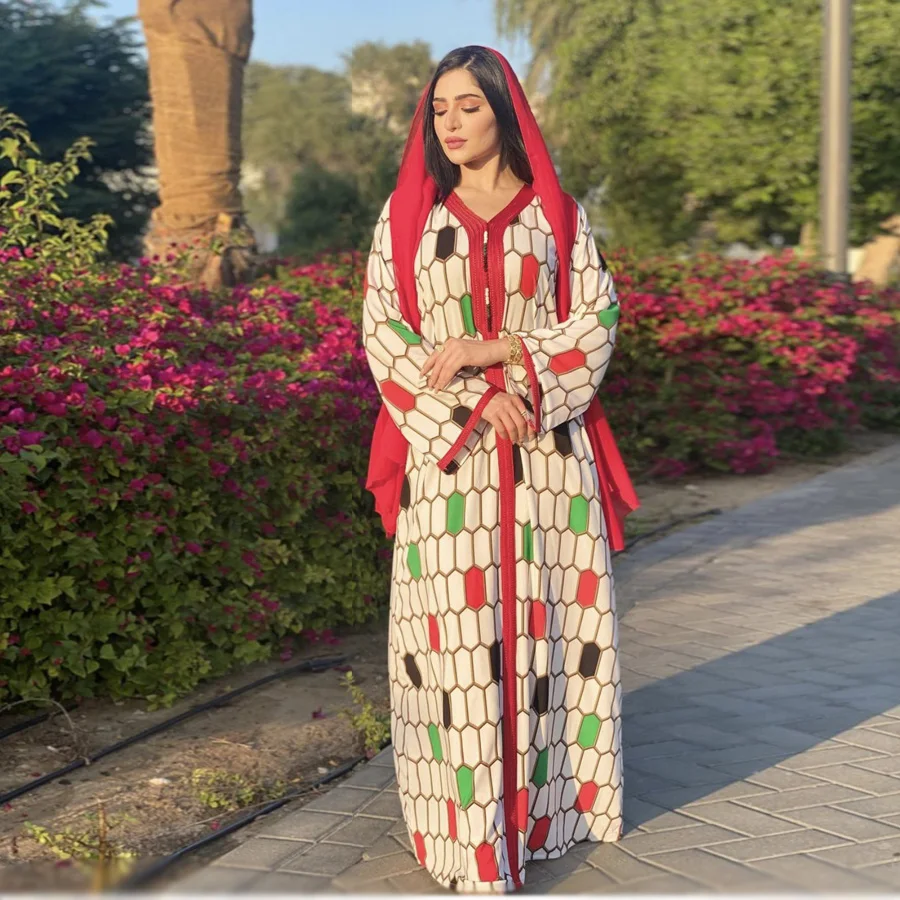 

2021Muslim Dubai Maxi Dress For Women Fashion V Neck Moroccan Turkey Arabic Islamic Clothing New Plus Size Dresses
