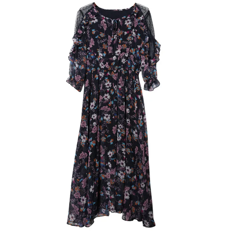 

Dresses for Women 2021 Summer Half Sleeve Midi Maxi Floral Chiffon Dress Ruffles Lace Tulle Irregular Woman Dress Vestidos Mujer