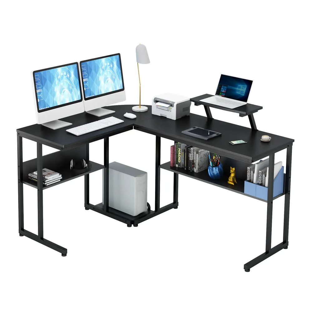 

Угловой компьютерный столик для ноутбука L-образной формы, офисный стол 58 дюймов с подставкой для ЦП, 2 полки, письменный стол для ПК, ноутбук...