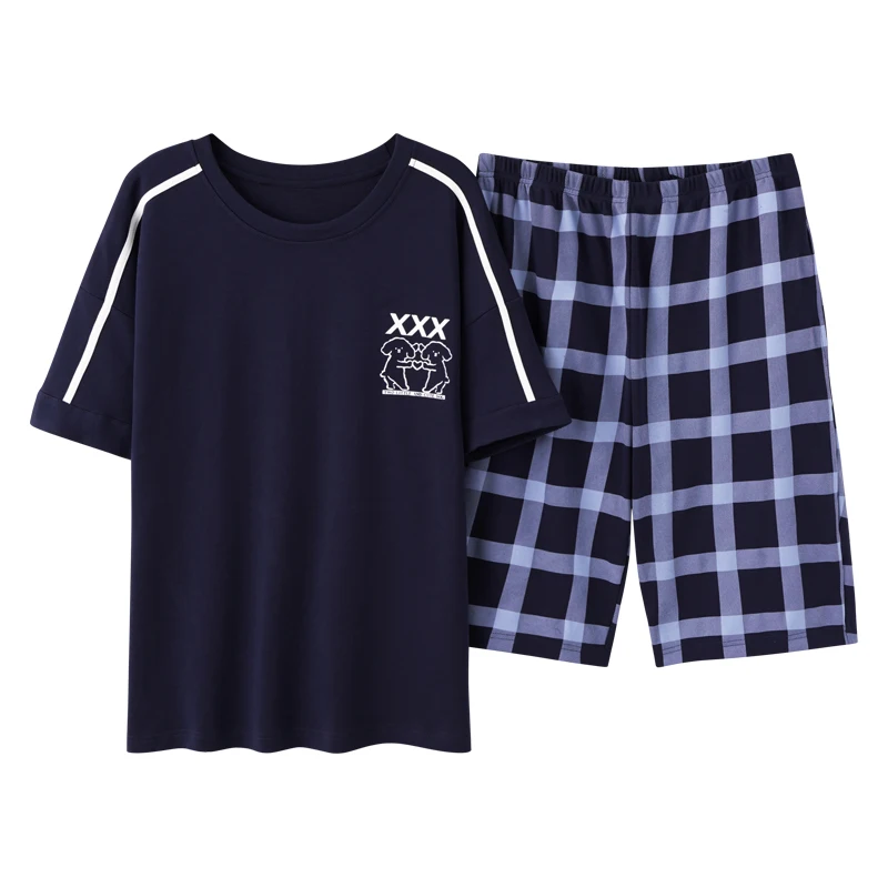 CAIYIER New Summer mens pajamas Short Sleeve Shorts Cartoon Print Sleepwear Casual Striped Pyjamas Suit men cute nightwear L-3XL