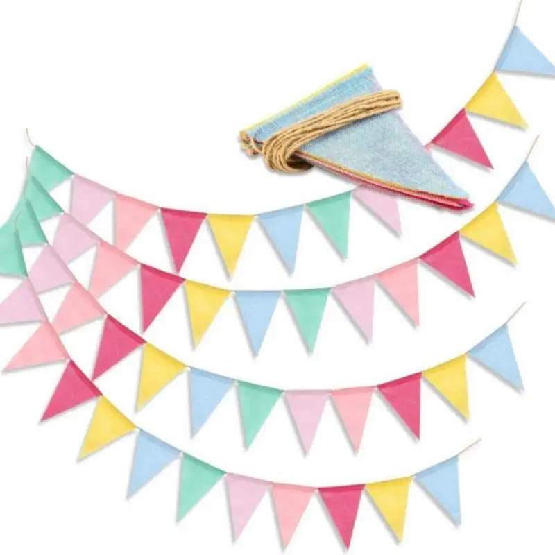Vintage Colorful Burlap Linen Bunting Flags Pennant For Happy Birthday Party Wedding  Decoration Candy Bar