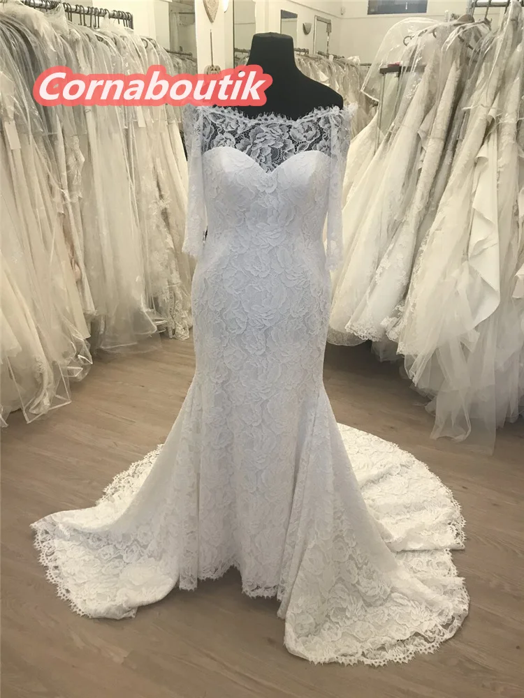 

Vestido De Novia Sirena Lace Wedding Dress COR-168 Off the Shoulder See Through Back Illusion Neckline 3/4 Sleeves Bridal Gown