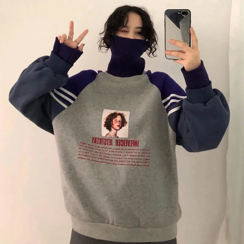 

Winter women's fashion style plus velvet thick turtleneck stitching letter printing pullover sweatshirt female students loose