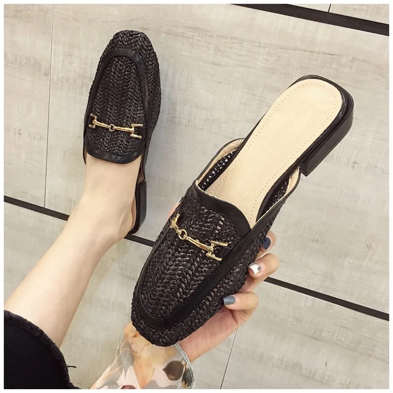 New Fashion Women Mules Slipper Low Heel Slip On Slide Sandals Cane Woven Beach Summer Slippers Flat Sandals