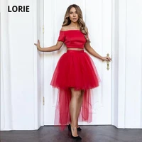 lorie two piece prom dresses strapless short sleeve high low evening dresses red satin tulle a line celebrity party dress 2021