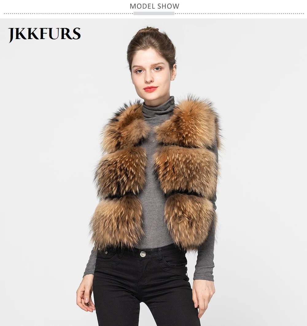JKKFURS Модный стильный женский жилет из натурального меха енота Зимний толстый теплый модный жилет 3 ряда S1150B