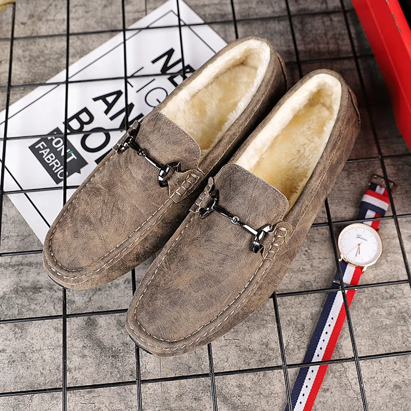 

Зимняя обувь, мужские лоферы, удобная плюшевая повседневная обувь на плоской подошве, Мужские дышащие Кожаные слипоны, мокасины для вождени...