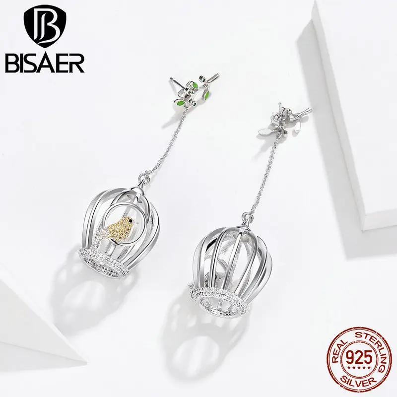 BISAER уникальные серьги 925 пробы серебряная клетка для канареек Висячие серьги для женщин вечерние Роскошные ослепительные аксессуары GCE003