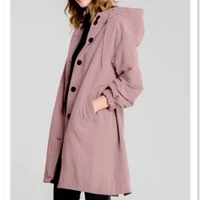 womens loose button casual windbreaker jacket hooded waist long windbreaker long sleeve windproof and waterproof jacket 2021